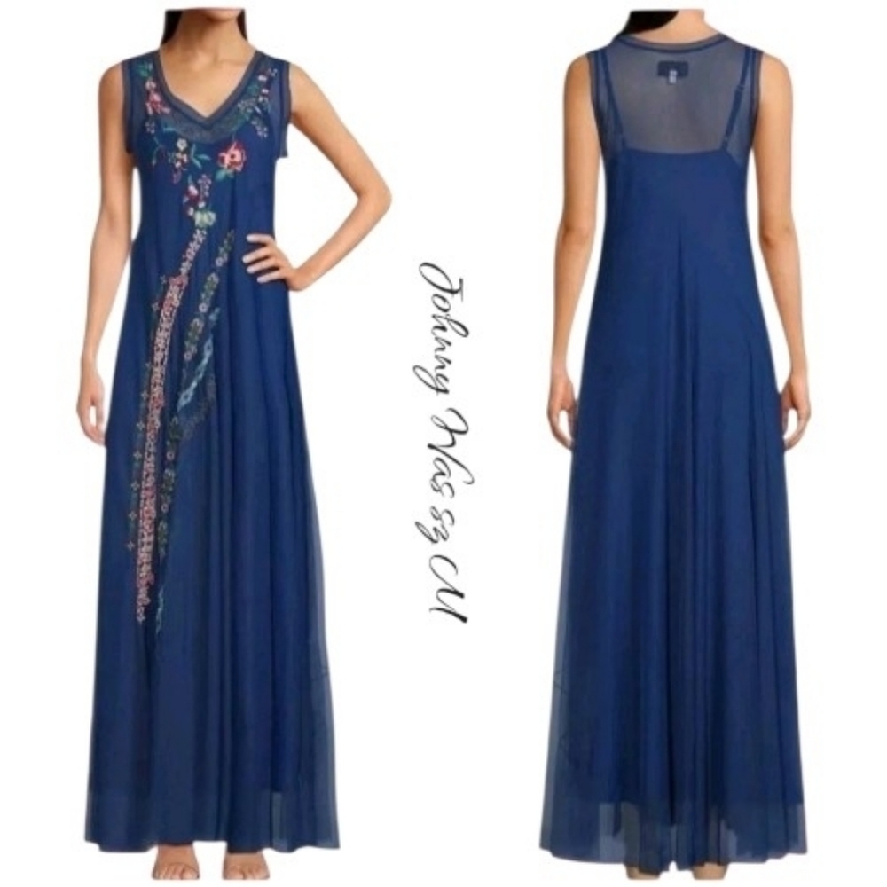 NWT Johnny Was Mazzy Bias Blue Embroidered Maxi Dress M - Picture 2 of 13